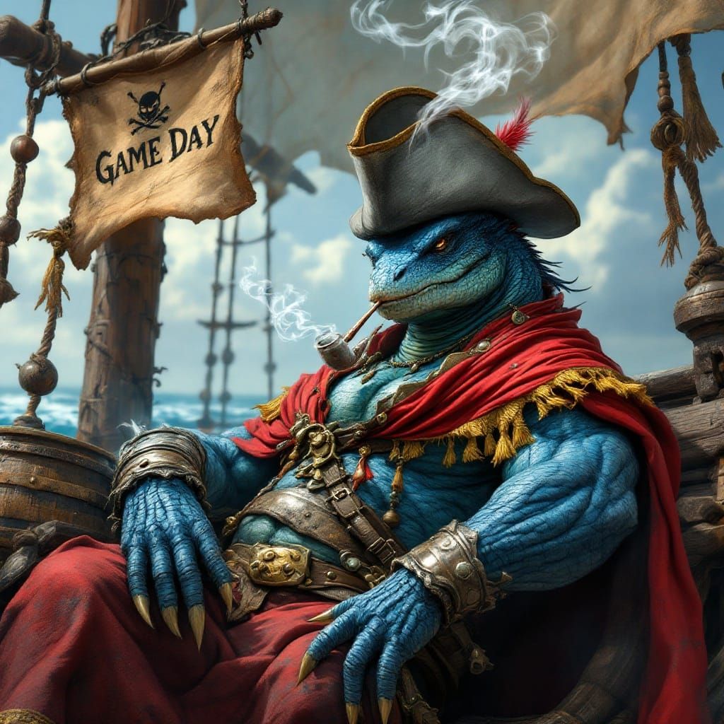 Robust Lizardfolk Pirate in Velvet Cape and Bycocket Hat