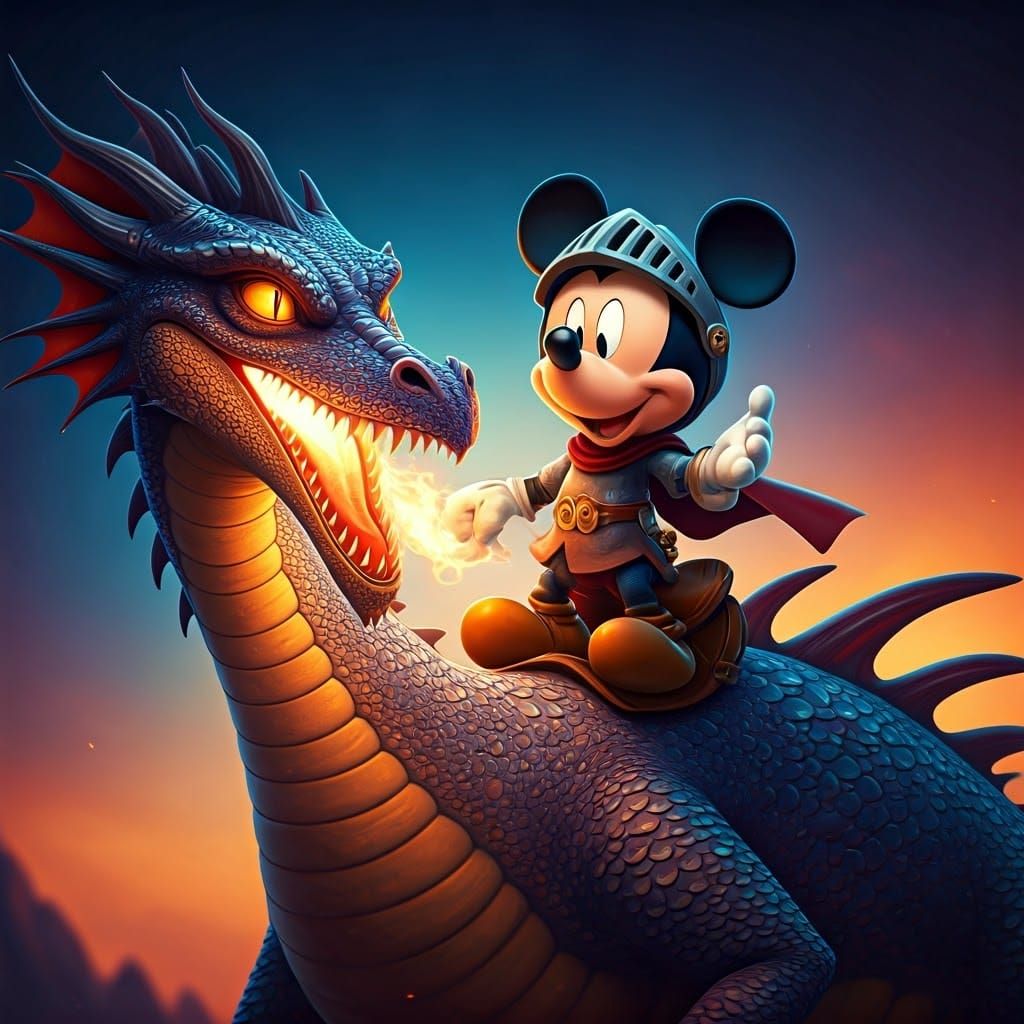 Mickey Mouse Riding a Dragon in Vibrant 4K Digital Art