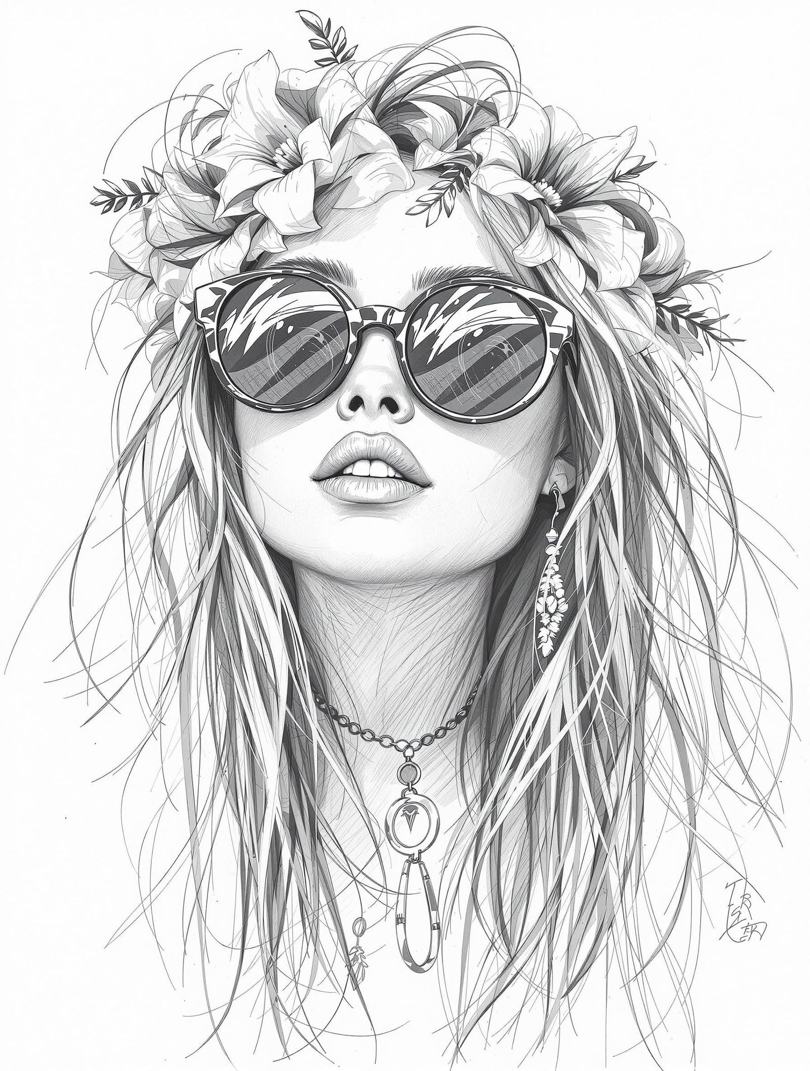 Vibrant Boho Sketch of a Free-Spirited Woman