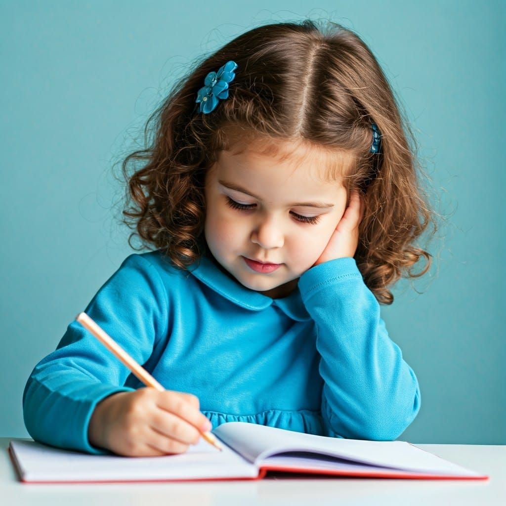 Cute Girl Writing with a Carrot in a Bright Blue Dress