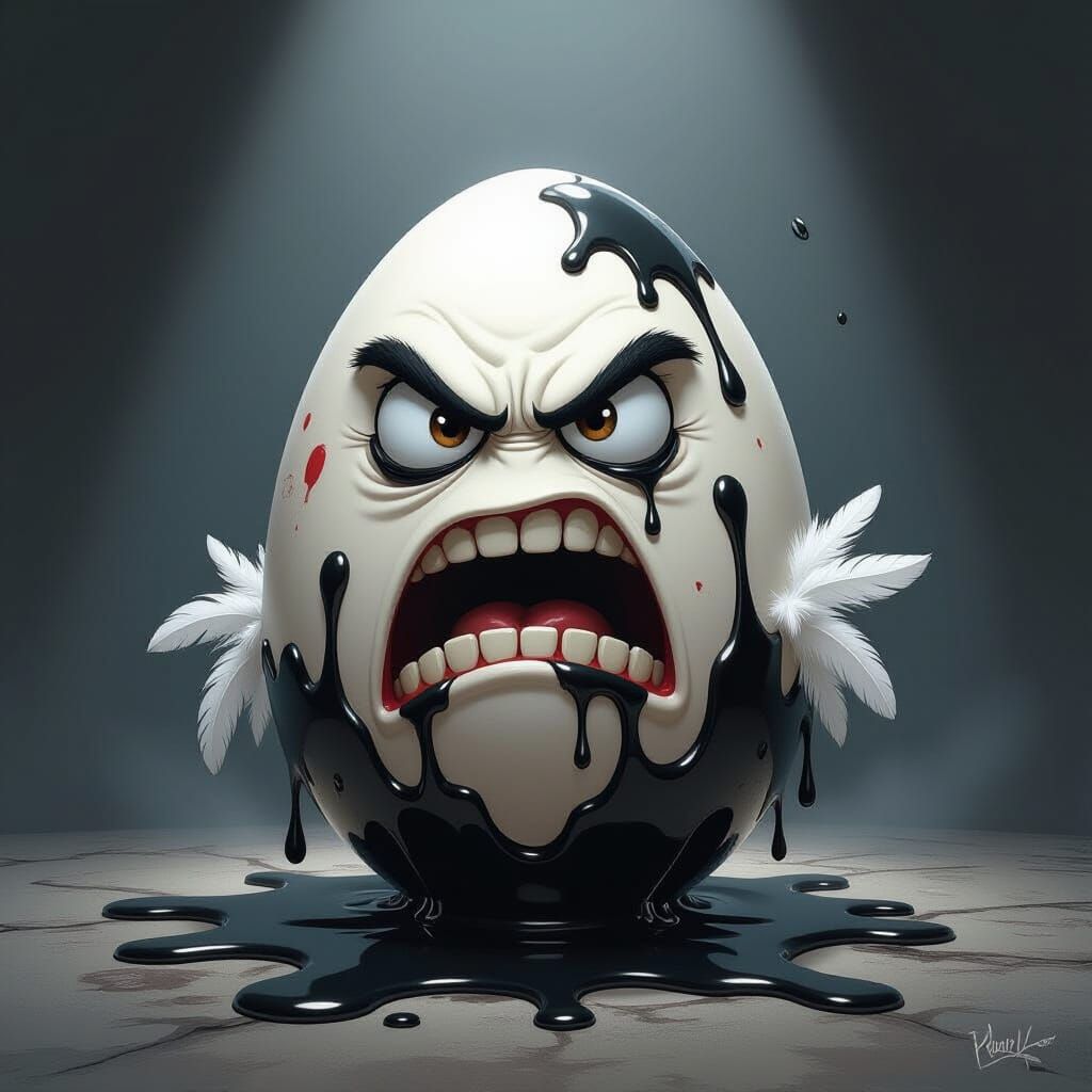 Angry Egg Tarred and Feathered in Dark Fantasy Style