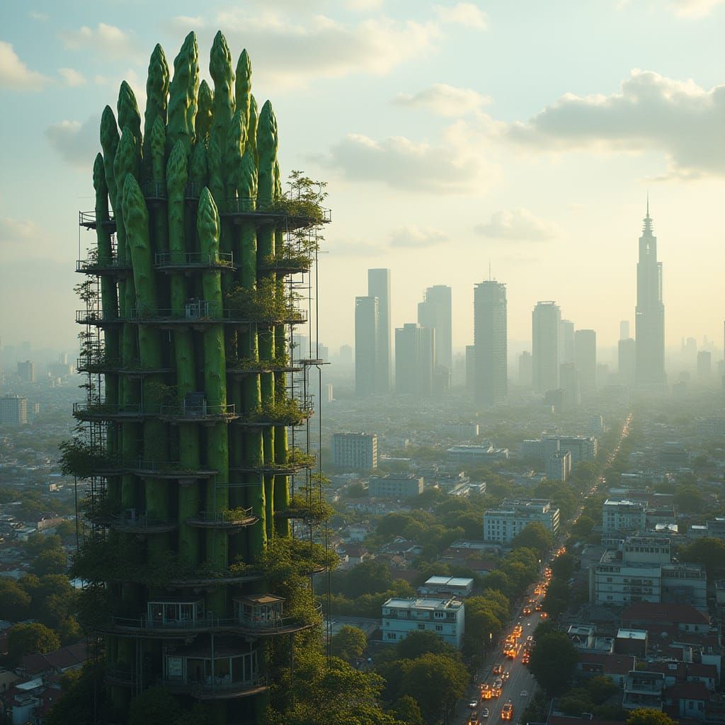Cyberpunk Asparagus Treehouse Village Skyline