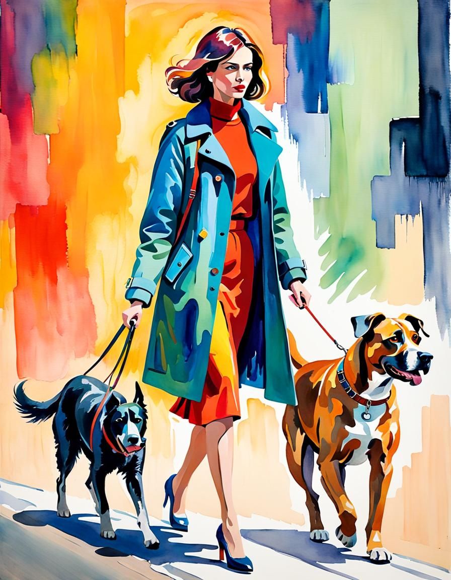 Expressionist Watercolor: Woman and Giant Dog
