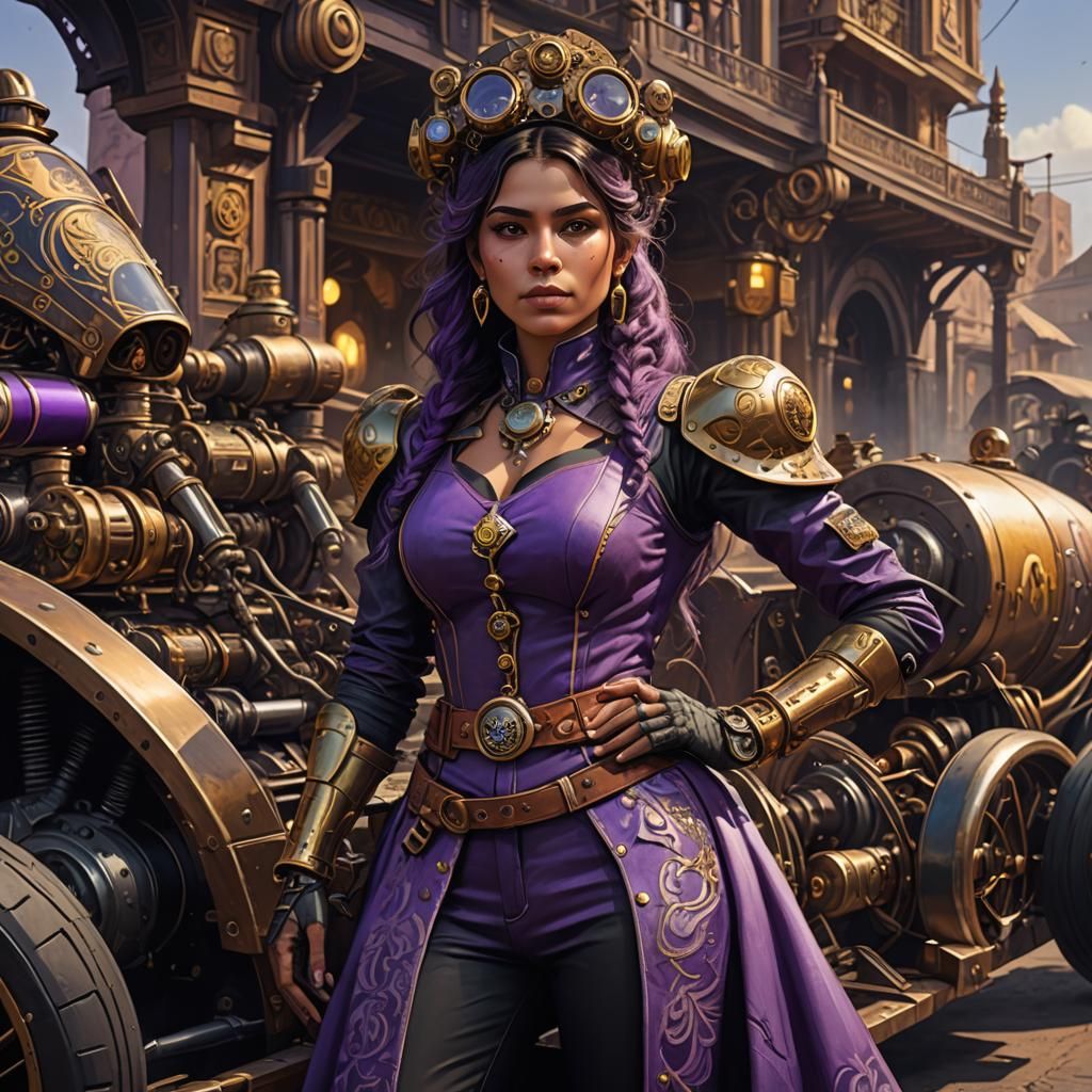 Steampunk Woman and Race Car, Dark Fantasy Art