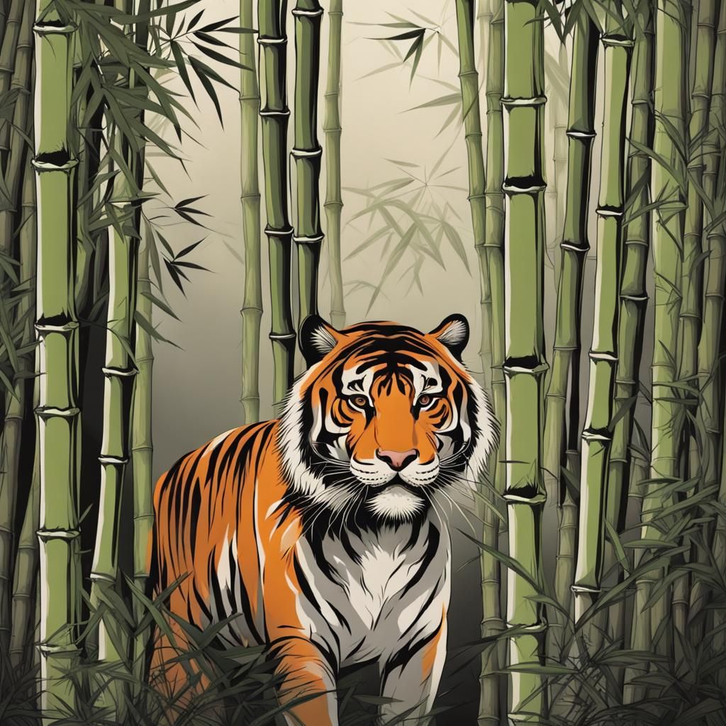 Monochrome Tiger in Dense Bamboo Forest