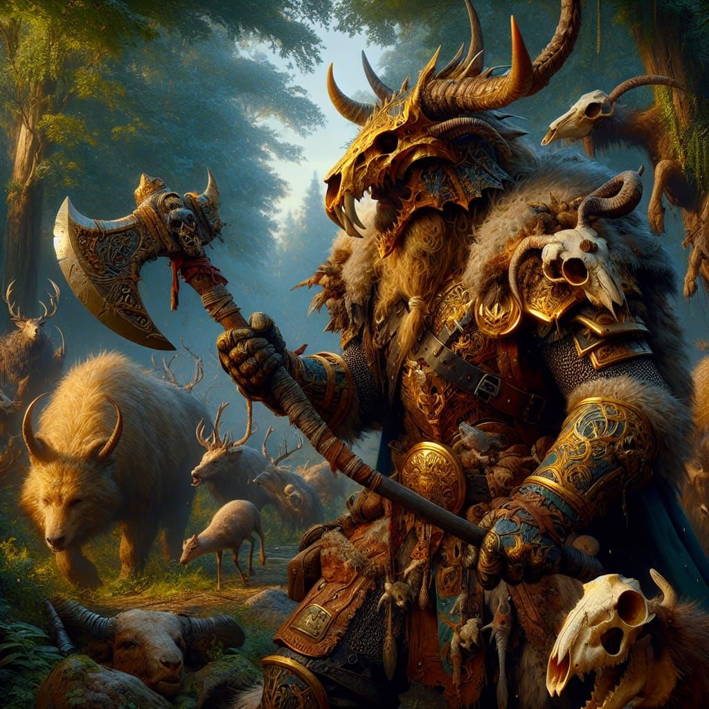 Dragonborn Barbarian Defends Against Beasts as Oil Painting