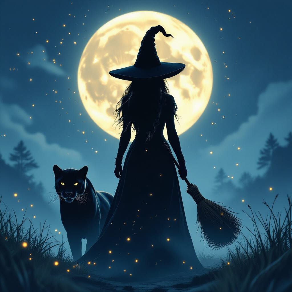 Mystical Witch and Panther Under a Full Moon