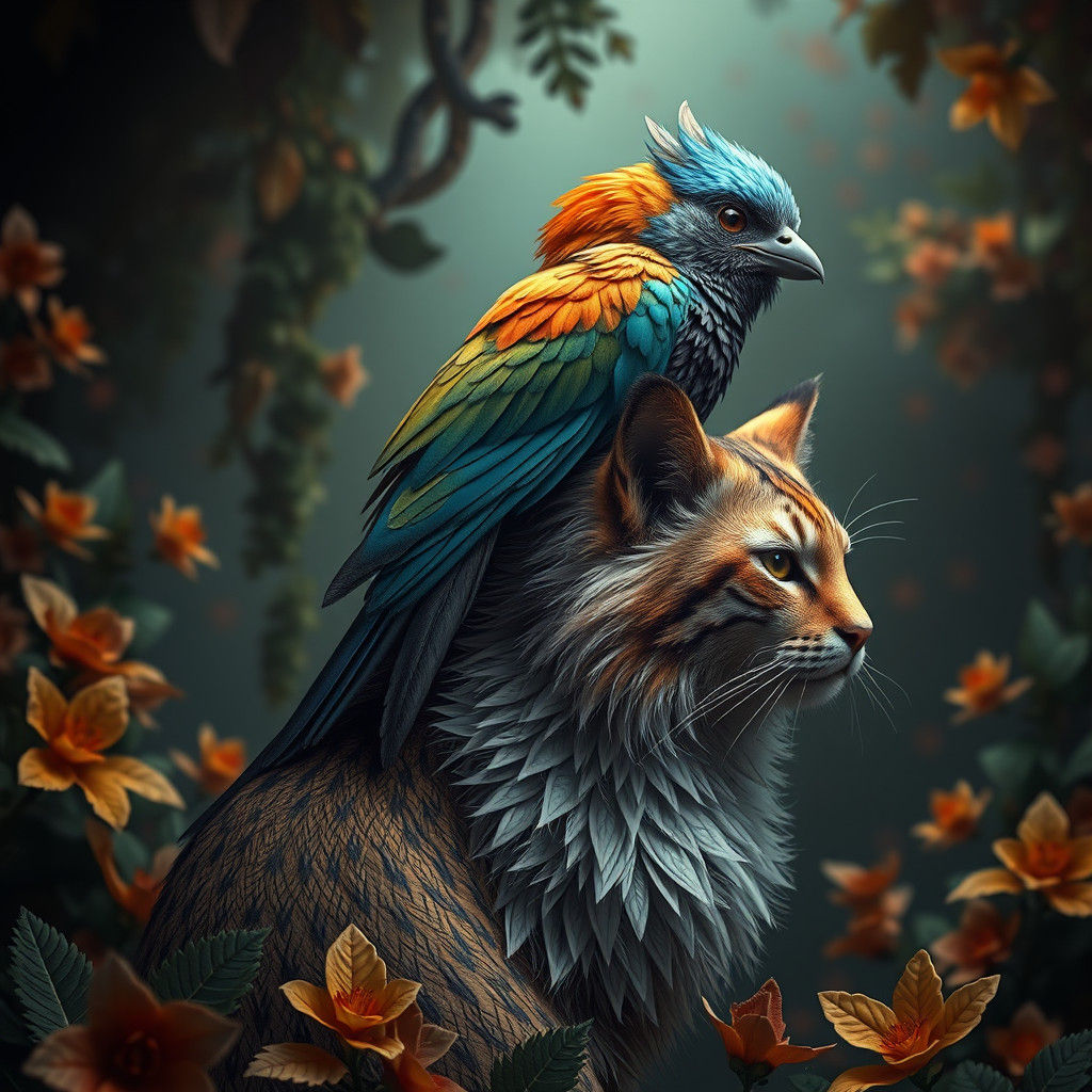Bird and Cat in Dreamlike Fantasy Landscape