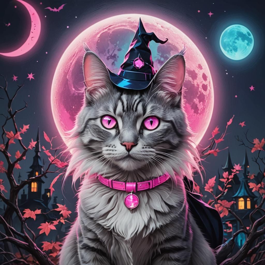 Neon Tabby Cat in Halloween Town at Midnight