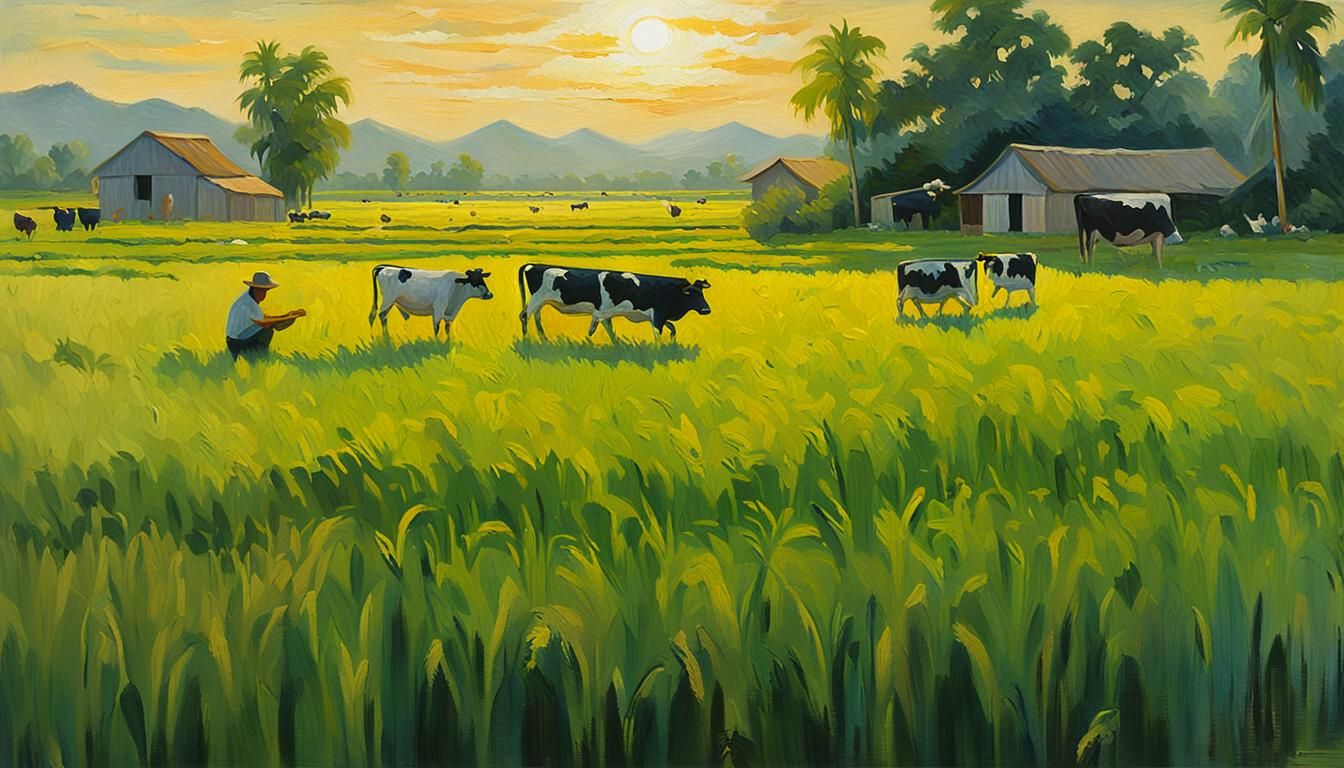 Impressionist Farmer's Lunch in Rice Field at Golden Hour