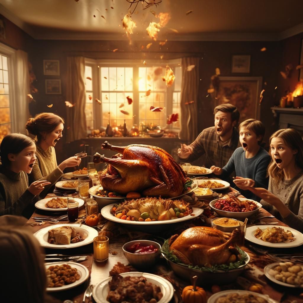 Ultra-Realistic Thanksgiving Feast Chaos: Culinary Catastrop...