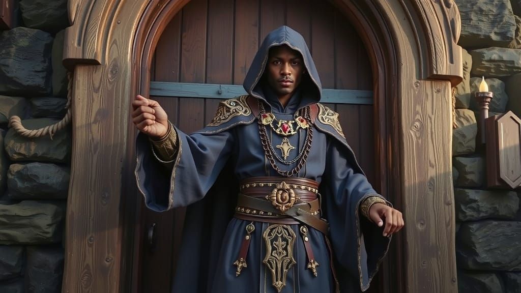 Fantasy Sorcerer at Medieval Gatehouse, Photorealistic Art