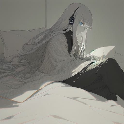 Serene Girl Listening to Music in Bed