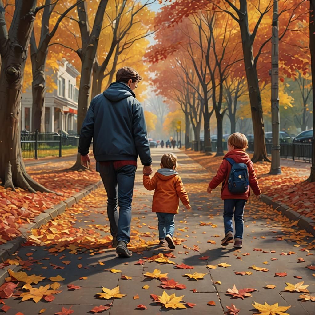 Autumn Park Scene with Walking Child