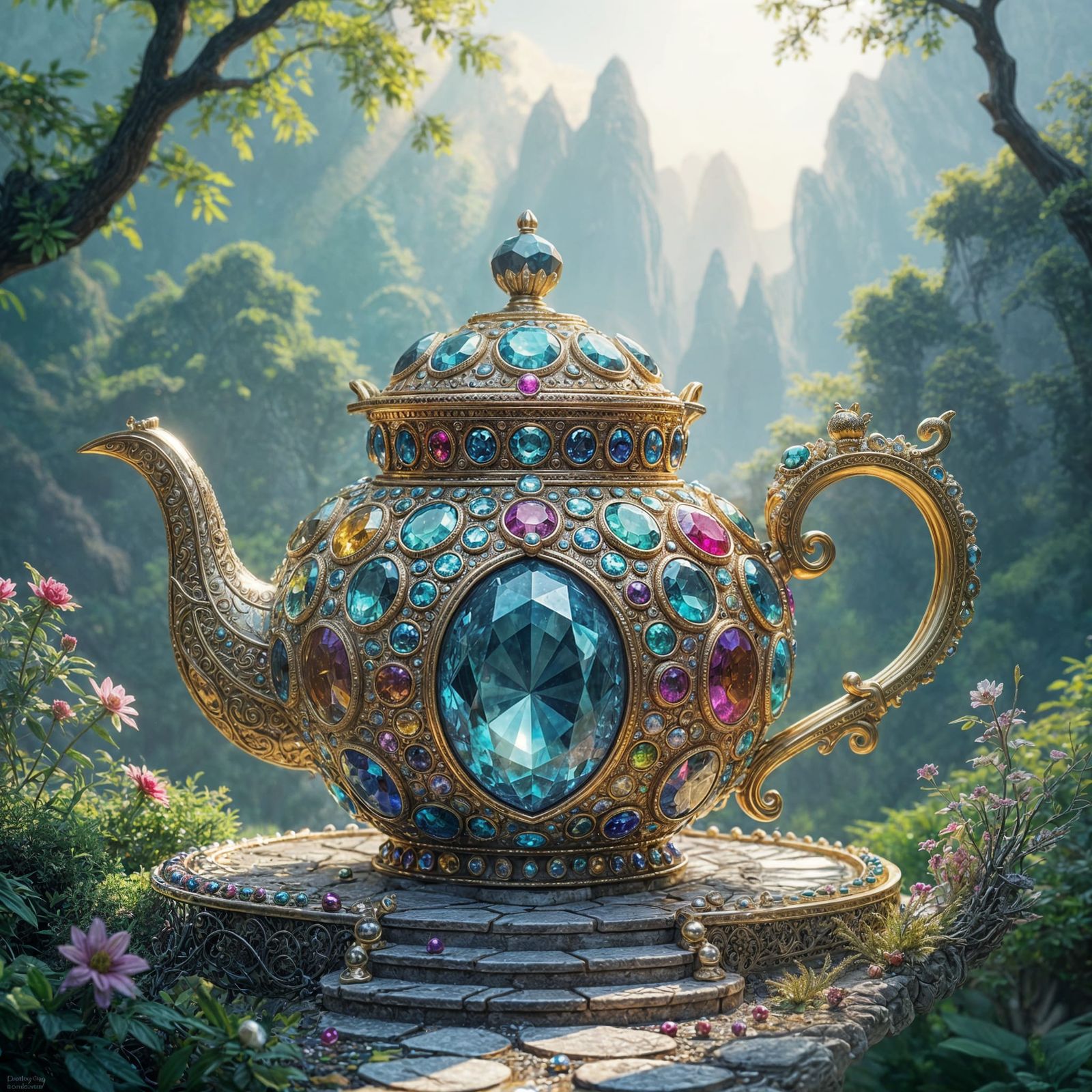 Intricate Gemstone Teapot Home with Fantasy Elements