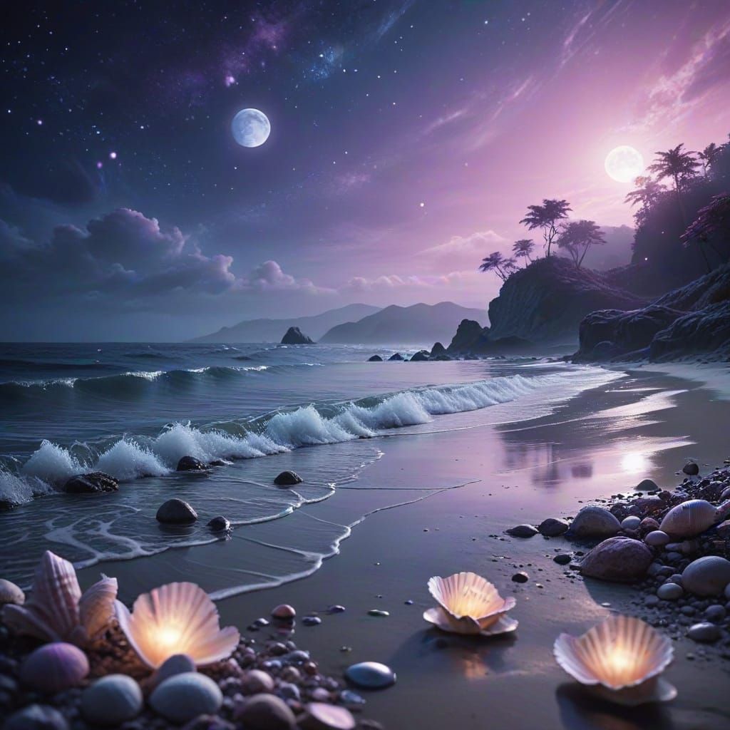 Ethereal Seashell Shoreline in Watercolor Style