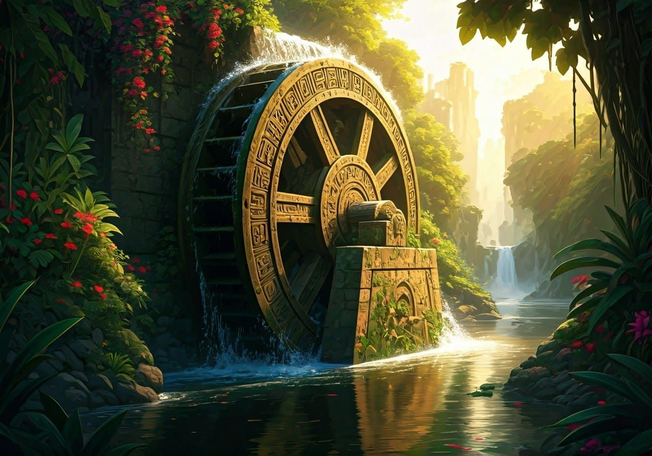 Ancient Mayan Waterwheel in Lush Riverscape