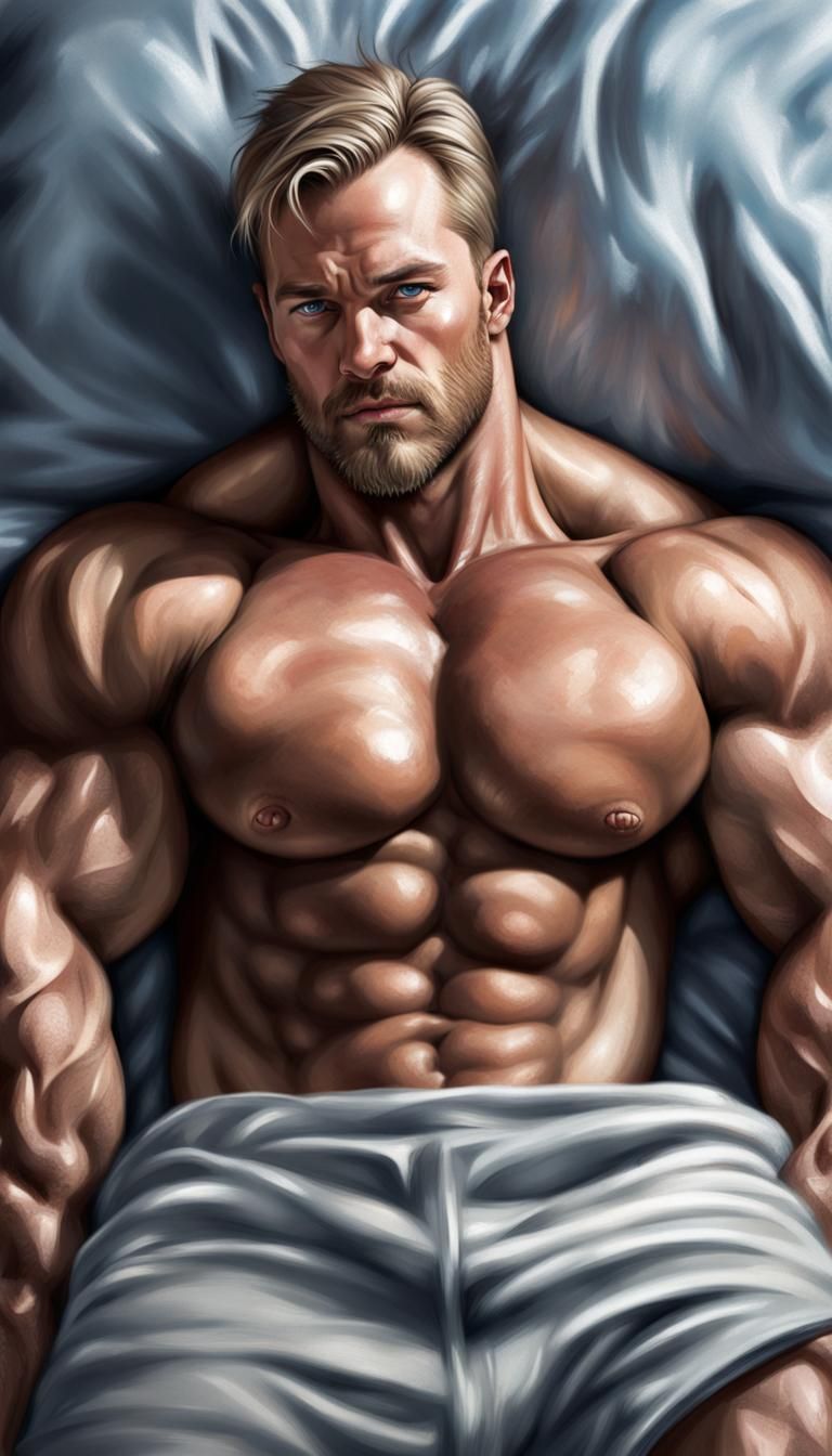 Hyperrealistic Bodybuilder Portrait in Bed