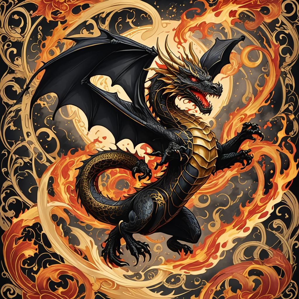 Black and Gold Dragon in Flight, Art Nouveau Style
