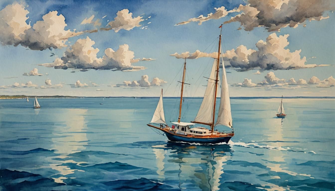 Yacht on Blue Sea: Gouache Impressionist Painting