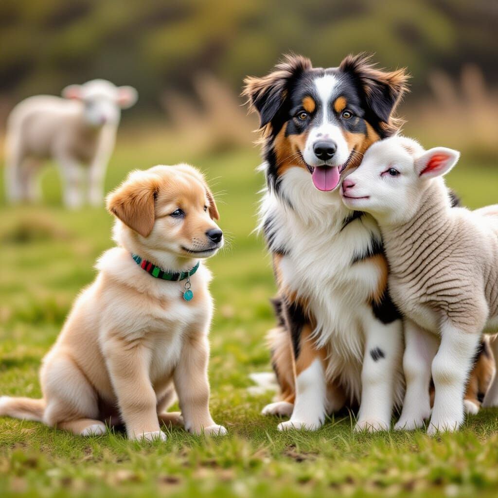 Collie Puppy Watches Parents Herding Lambs, Bright Colors