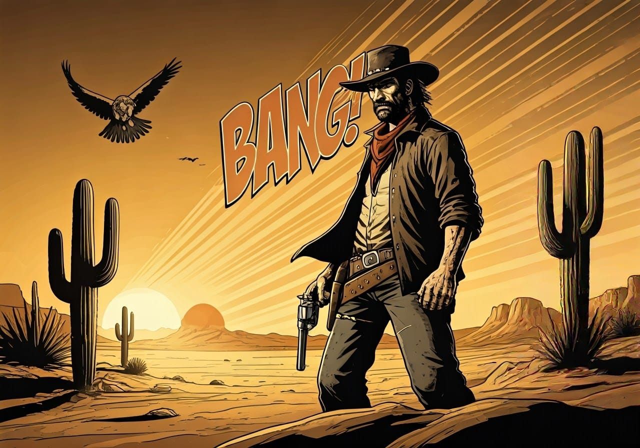 Dusty Desert Gunslinger Ready to Draw in Vintage Comic Weste...