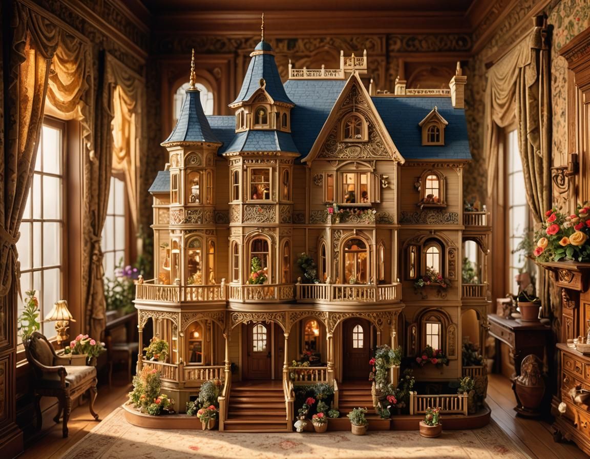 Victorian Dollhouse Interior with Antique Furniture