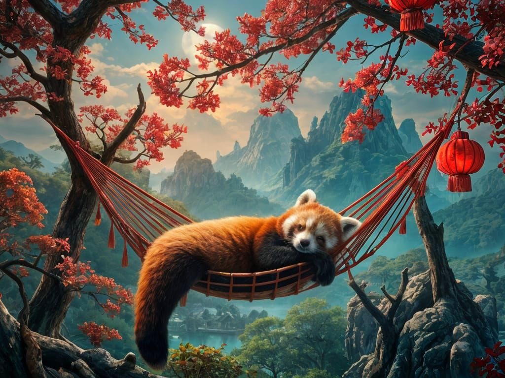 Red Panda Napping in Chinese Landscape, Fantasy Art