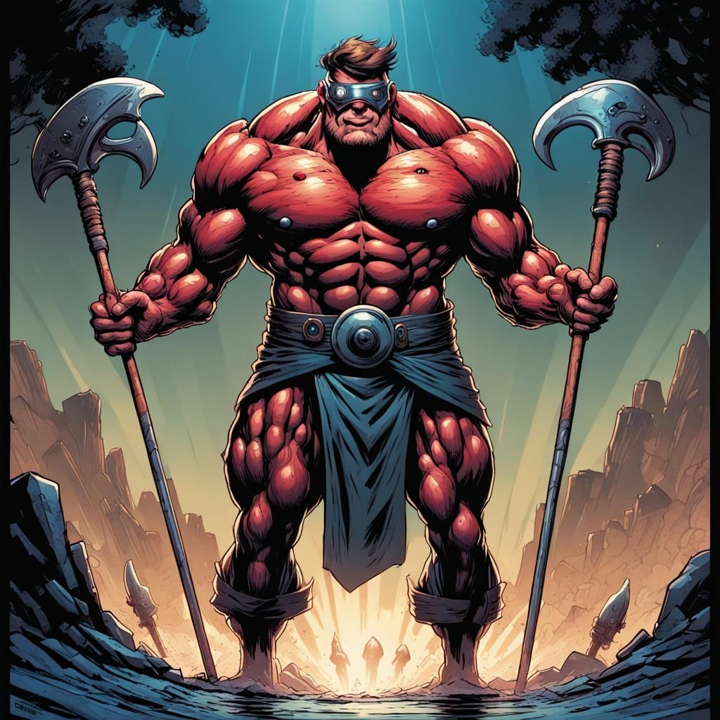Four-Armed Cyclops with Clubs in Comic Book Art Style
