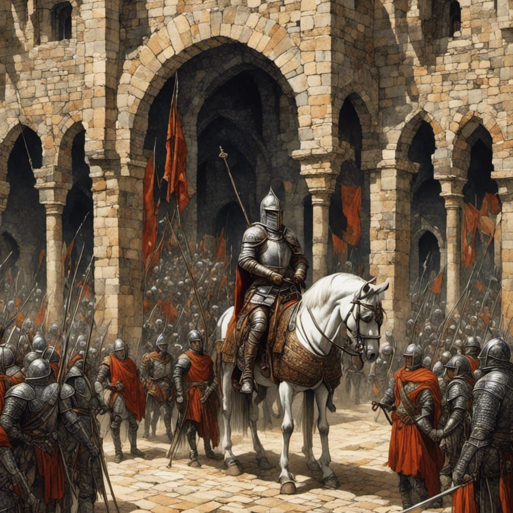 Medieval knight riding in castle courtyard