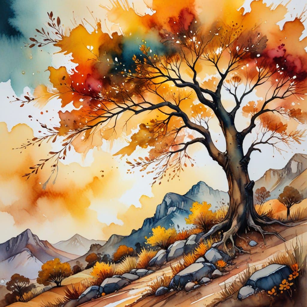South African Autumn Landscape in Watercolour Style