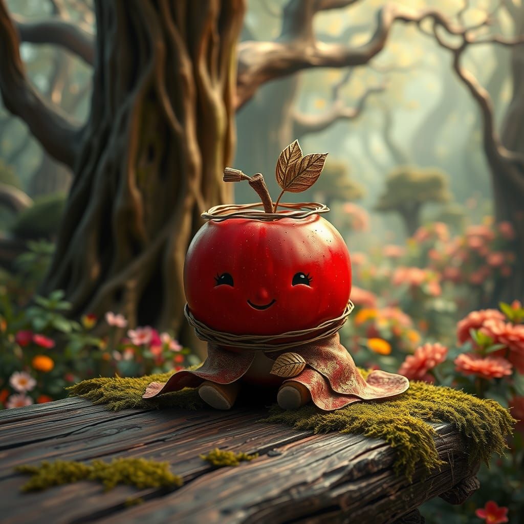Apple Person in Whimsical Forest, Dreamlike Landscape
