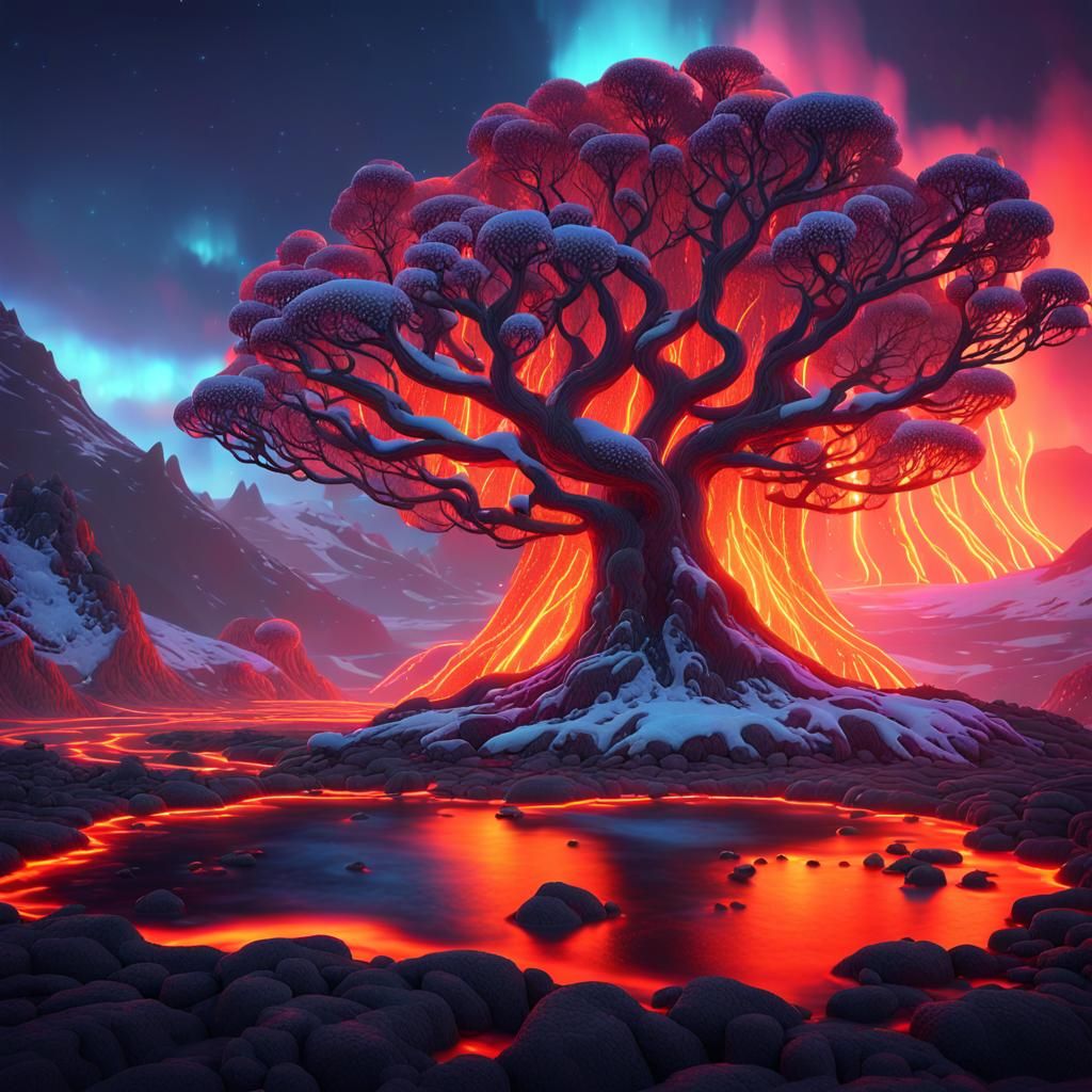 Surreal Lava Landscape with Ethereal Peaks in Digital Art