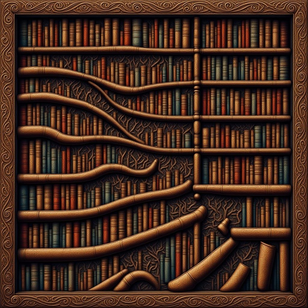 Gothic Bookshelf with Golden Filigree and Spiraling Texture