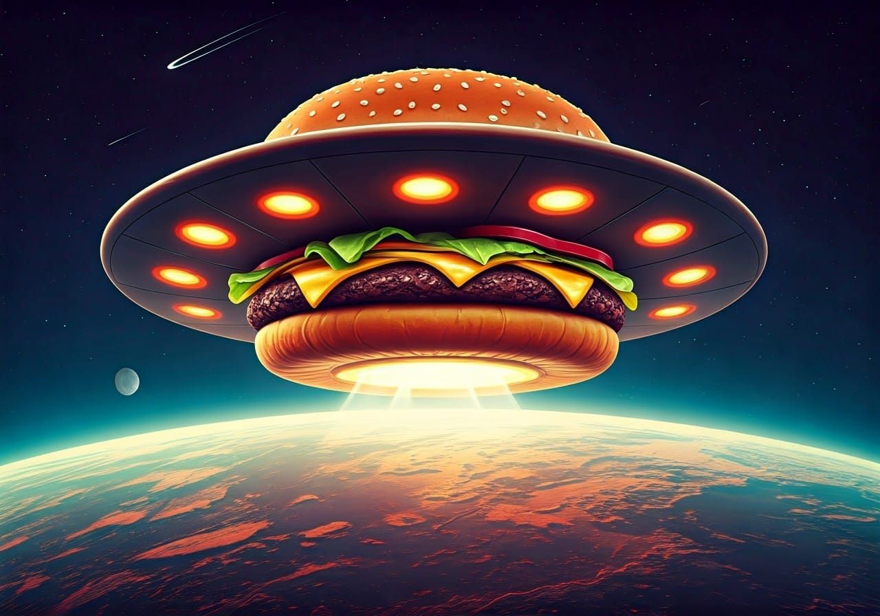 Cheeseburger Flying Saucer in Surreal Outer Space