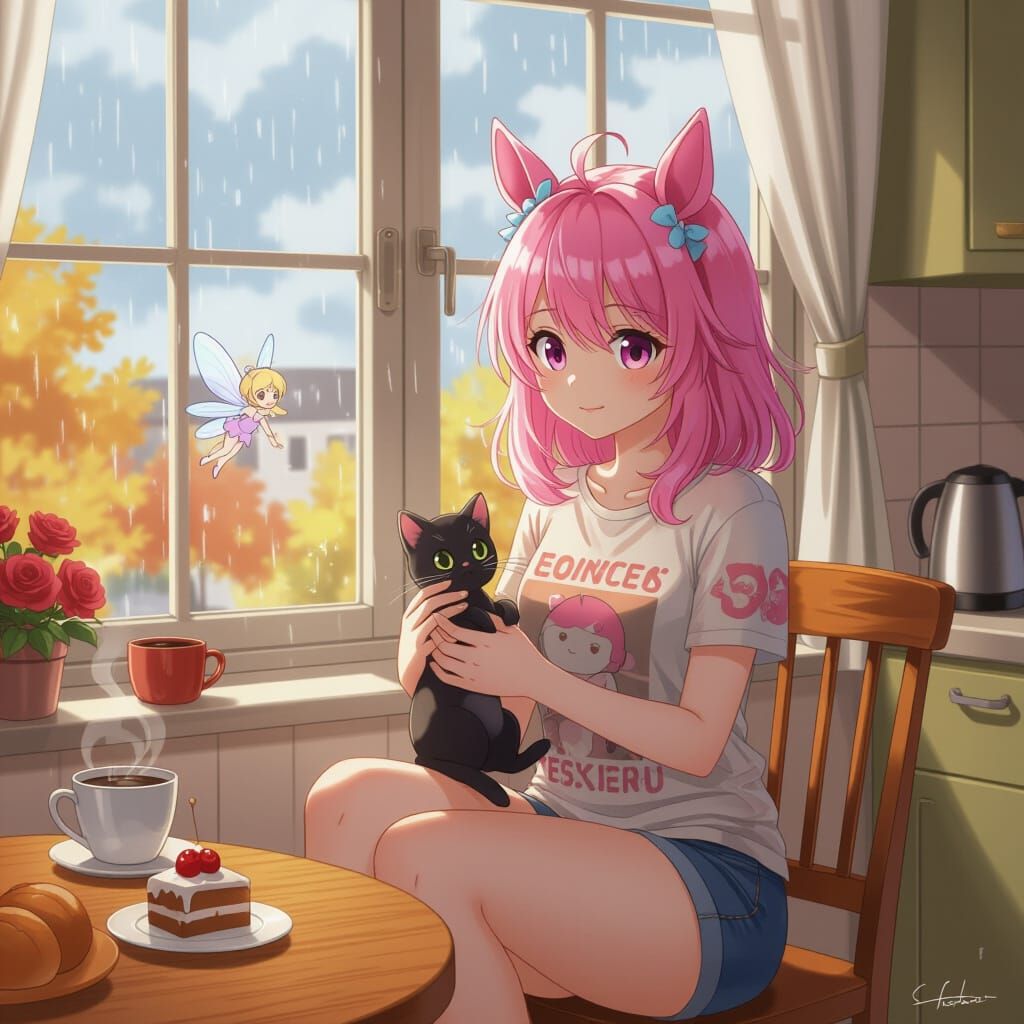 Cute Pink-Haired Woman with Horse Ears and Kitten