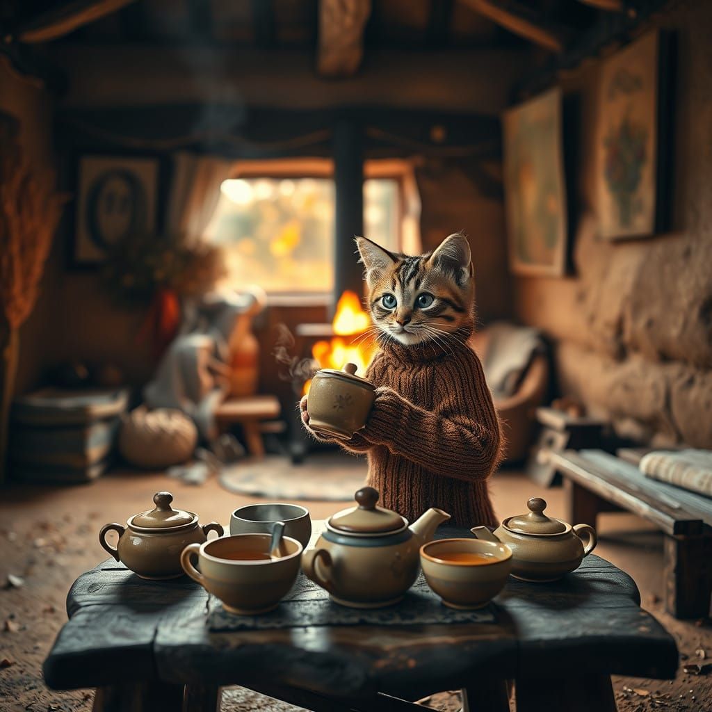Cozy Clay Hut in Autumn Landscape with Kitten