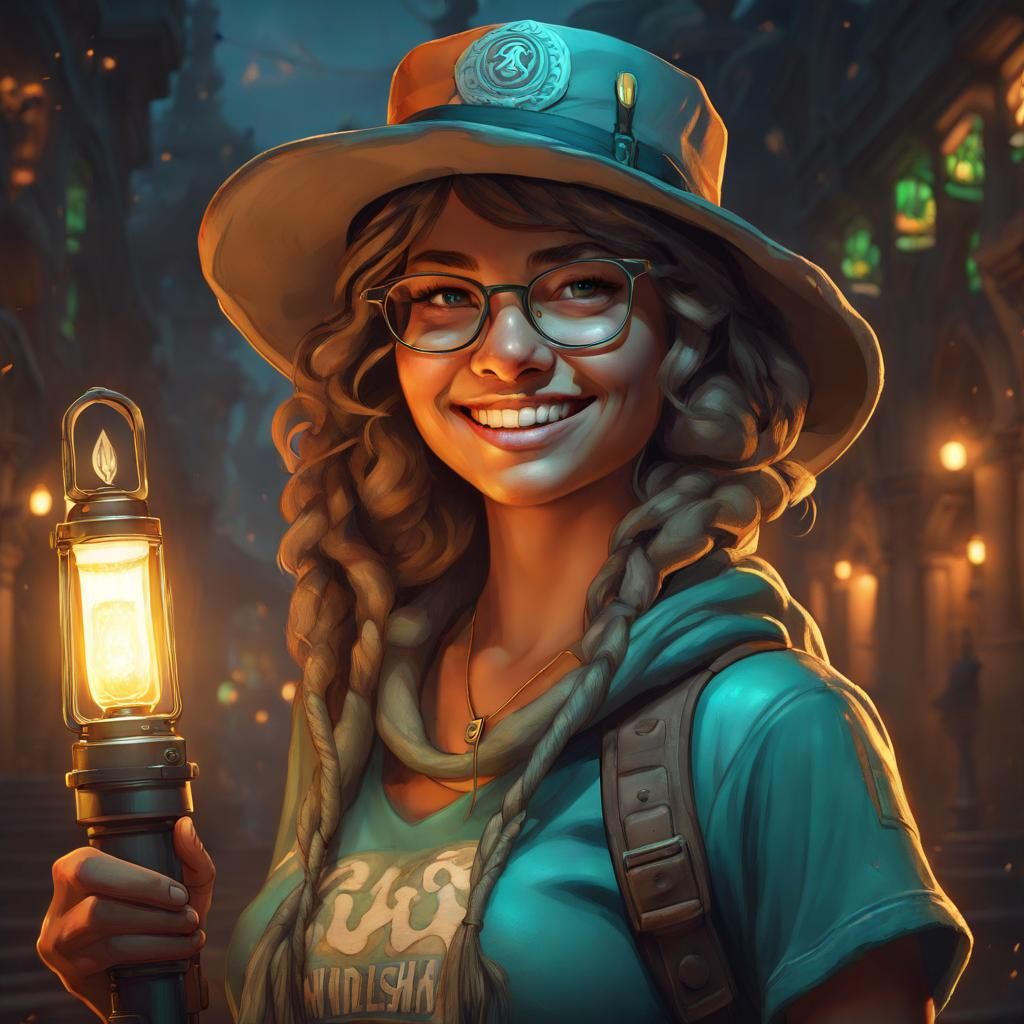 Grey-skinned Girl in Irish Hat at Midnight Temple