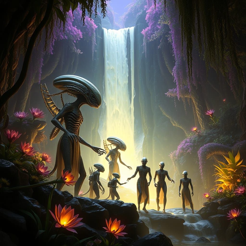 Alien World with Biomechanical Creatures at a Glowing Waterf...