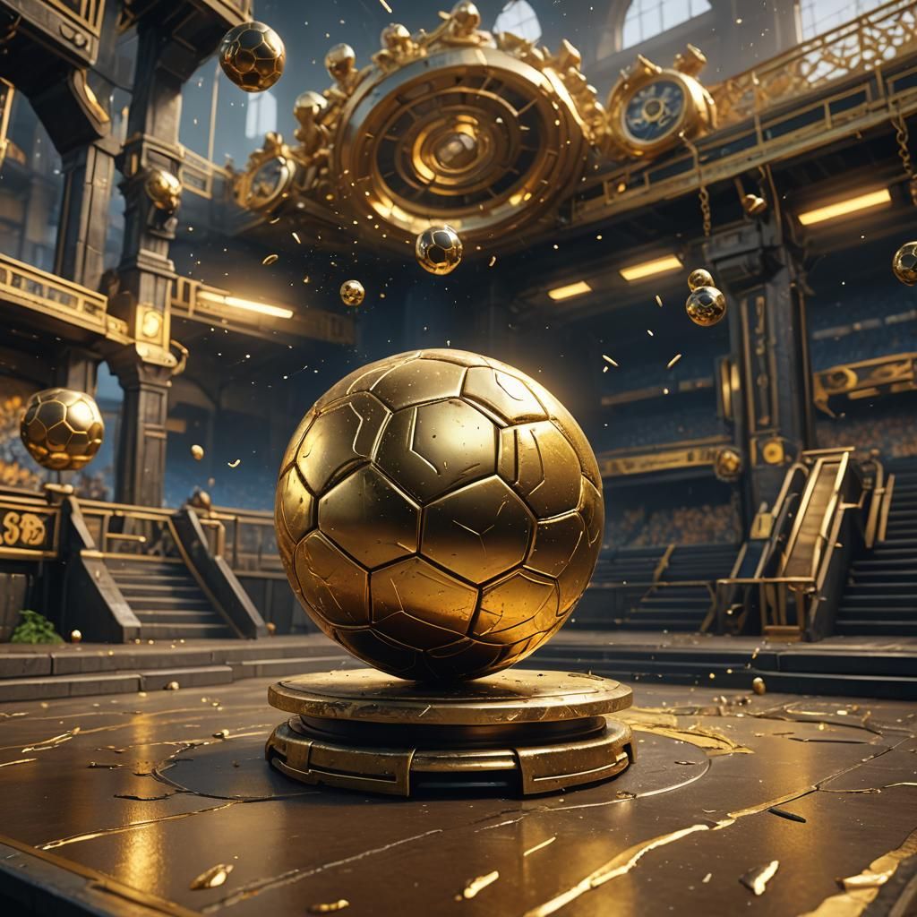 Golden Soccer Ball on Platform: Fantasy Concept Art