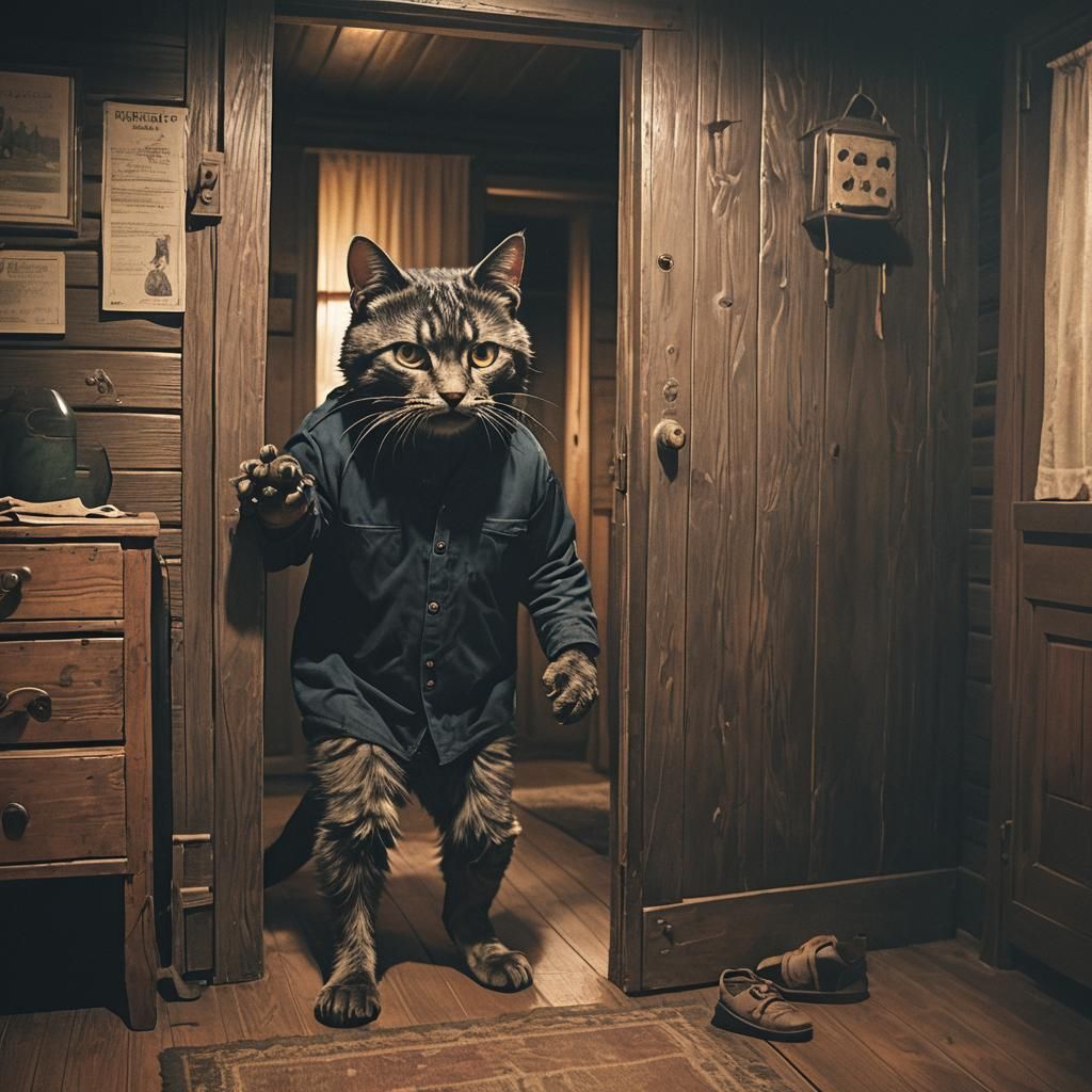 Cat Cosplaying as Jason Voorhees at Cabin Door