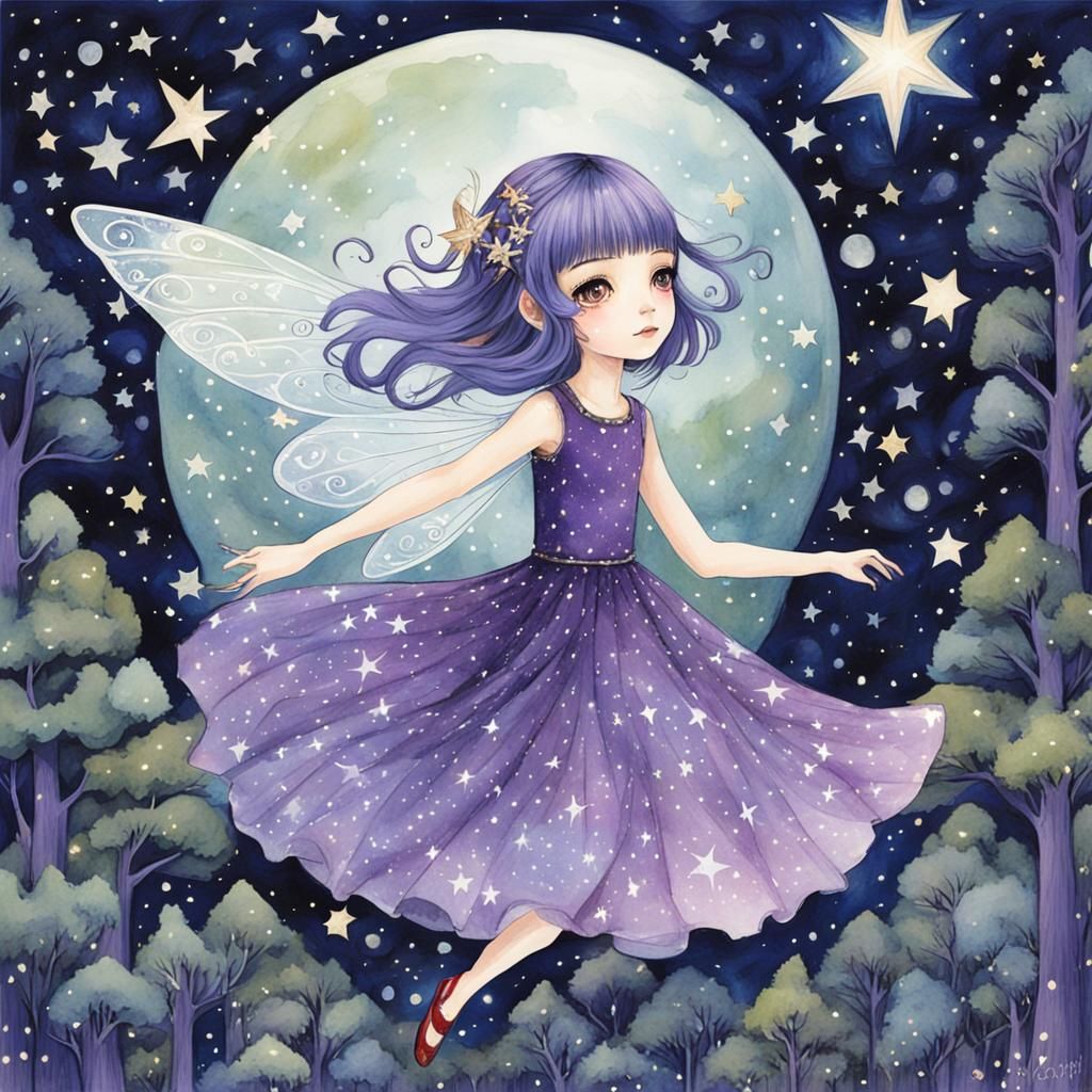 Fairy Girl with Starry Hair in Whimsigoth Forest