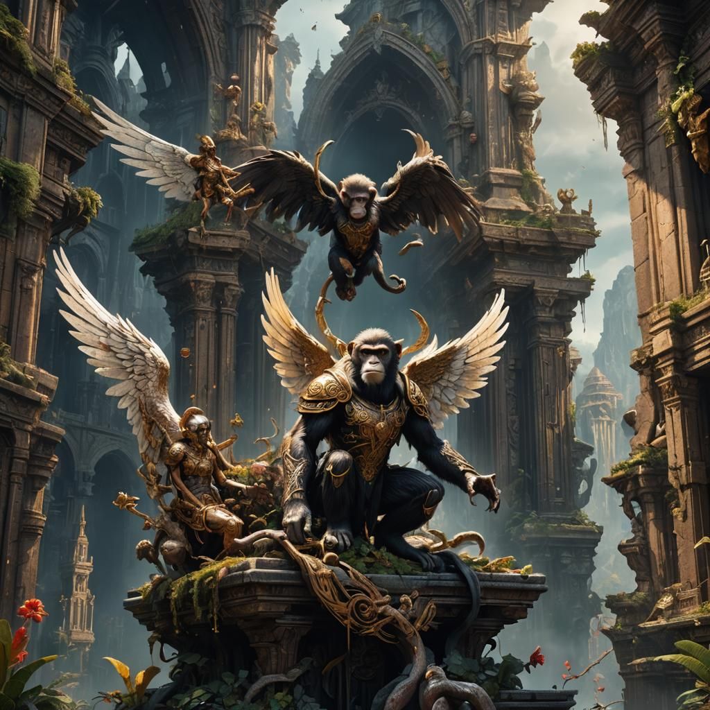 Fantastical Angel, Monkey, and Death Concept Art