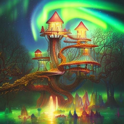 Glowing Jelly Treehouse with Mystical Aurora
