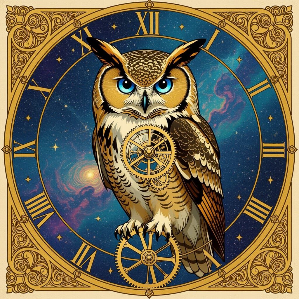 Clockwork Owl on Star Chart, Art Nouveau & Sci-Fi Style