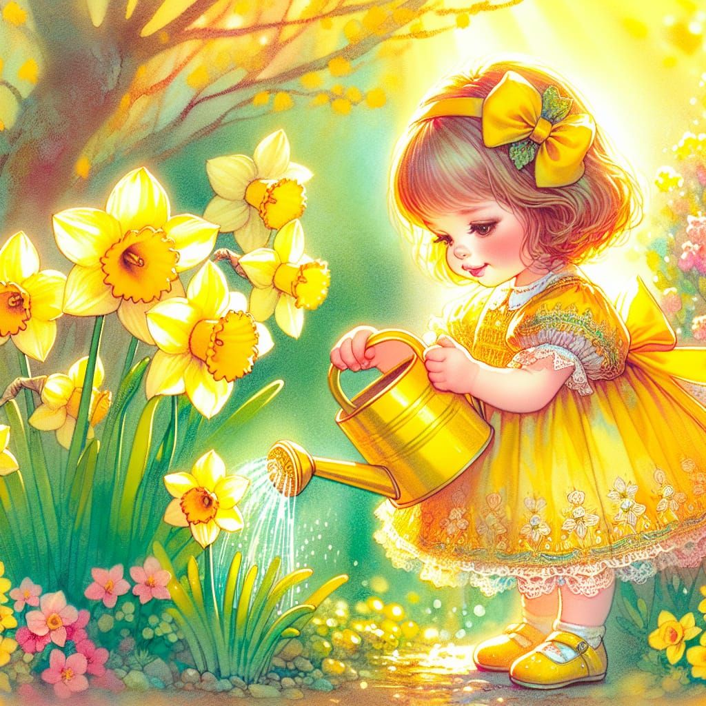 Armenian Girl Nurturing Daffodils in Watercolor Style