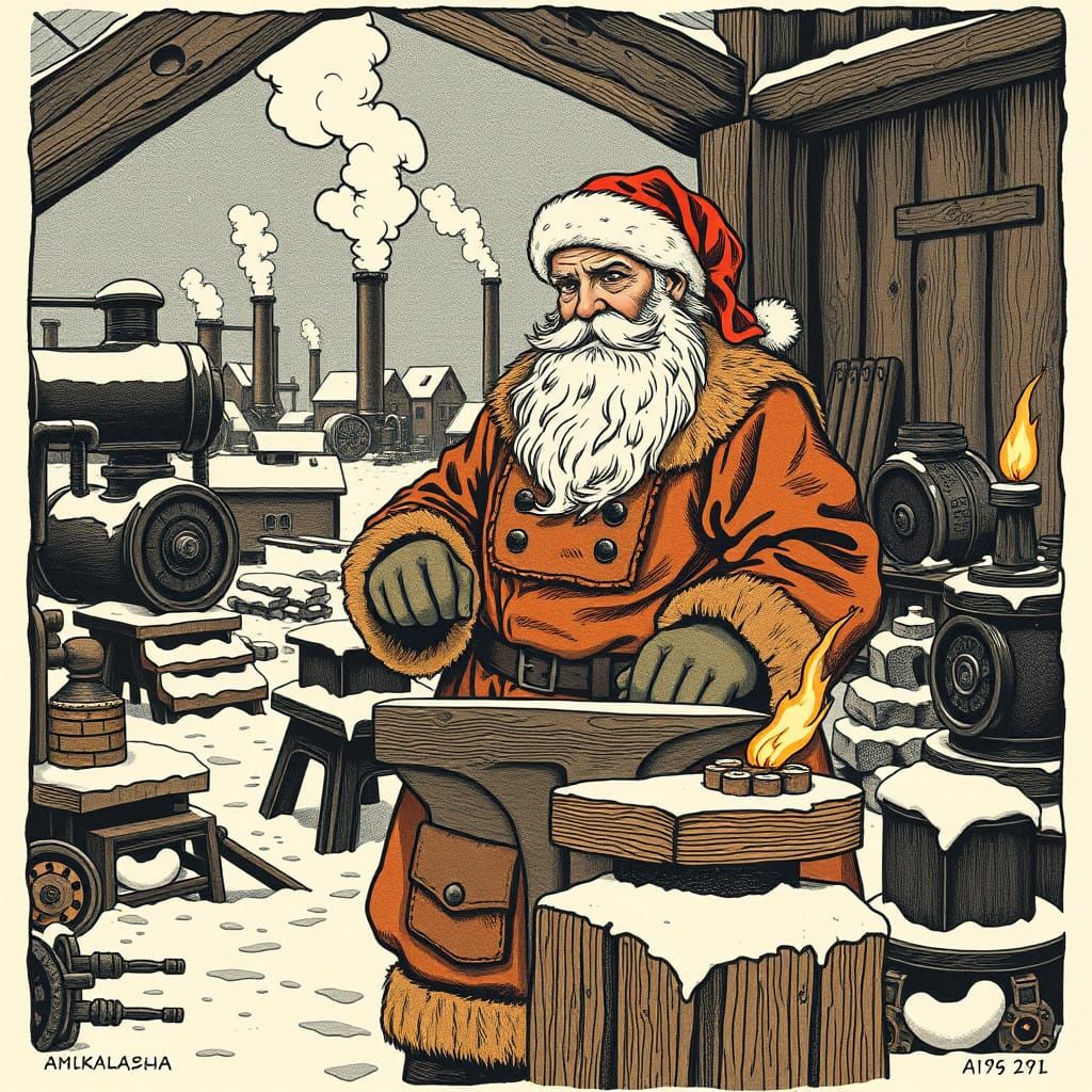 Industrial Kalevala Santa Claus Linocut Art