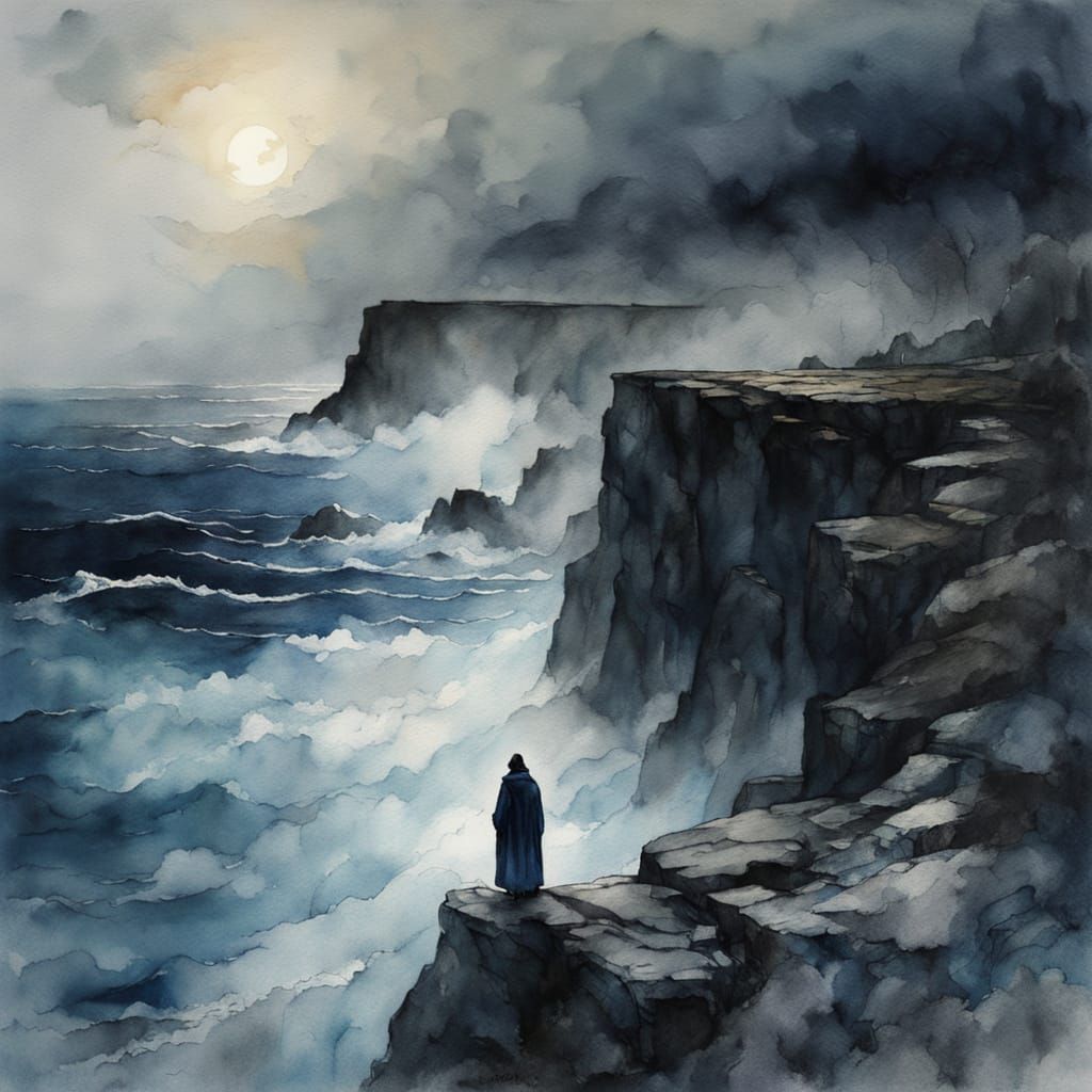 Midnight Oceanic Masterpiece in Moody Watercolor Style