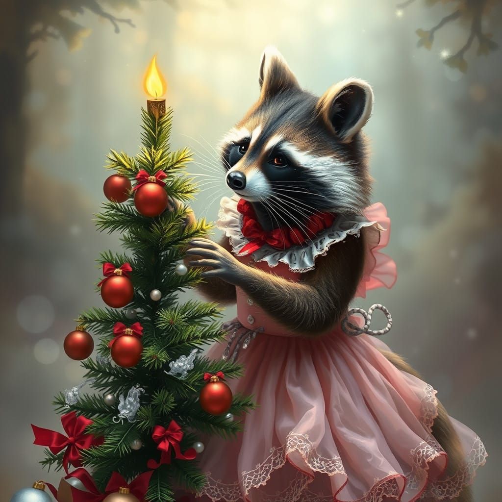 Enchanted Winter Wonderland Scene with a Fairy-Like Raccoon