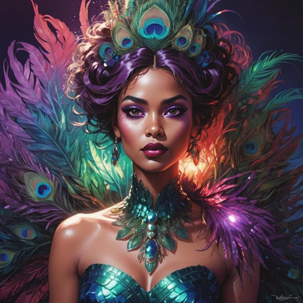 Vibrant Comic Book Art: Peacock Woman Portrait